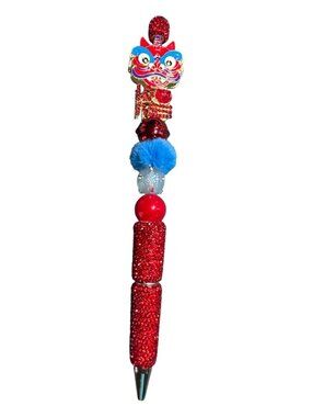 Lion Dance Ballpoint Pen With Rhinestones & Decorative Beads Red & Blue Writing